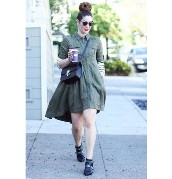 Anthropologie Holding Horses Olive Military Swing Shirtdress Size 4P - Picture 2 of 8